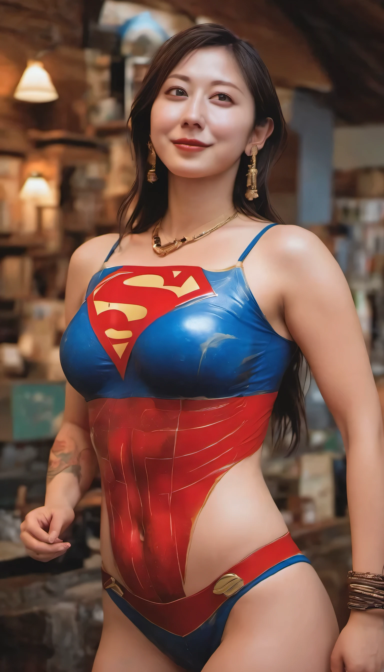 (Highest image quality, realistic depiction),(Body slippery with lotion,sweaty body),artistic nude art,(Beautiful woman with blue and red Superman body paint),Colossal tits,((best character depiction,beautiful nude body))