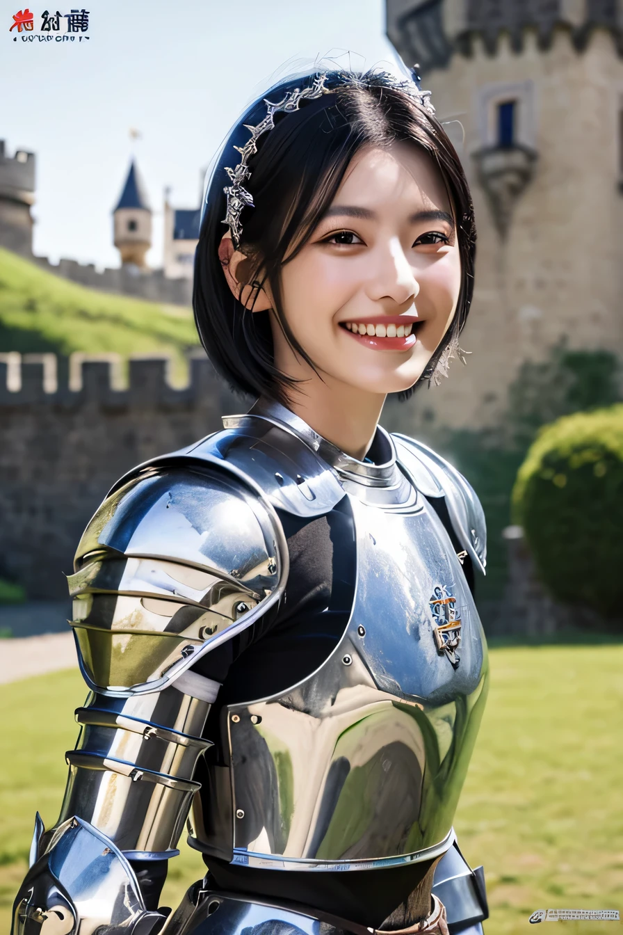 ８Ｋ、highest quality、female knight、The background is a castle、Luxurious Silver Armor、heavy equipment、black hair、hairstyle short cut、smile、beautiful teeth、full body photo、ear piercing、Dragon Helm

