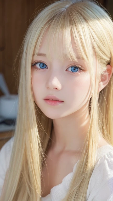 A very beautiful 14-year-old girl with outstanding beautiful blonde hair.、Beautiful and beautiful face、blonde on the face、bangs above shiny eyes、Very bright white light blue big eyes that shine so beautifully、cute very bright big eyes、gentle and bright expression、blonde super long silky hair、hair above eyes、片hair above eyes、hair between eyes、small face beauty、round face、Very white, bright and young skin、cheek highlights、Very beautiful bright eye highlights、