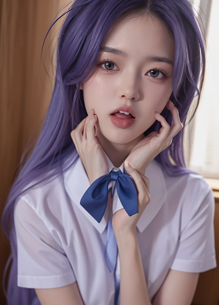 masterpiece, best quality, Hanyuu, 1girl, solo, tongue, tongue out, purple eyes, :p, horns, long hair, purple hair, looking at viewer, bow, shirt, realistic, beautiful girl, photorealistic, extremely detailed, white shirt, blue bowtie,