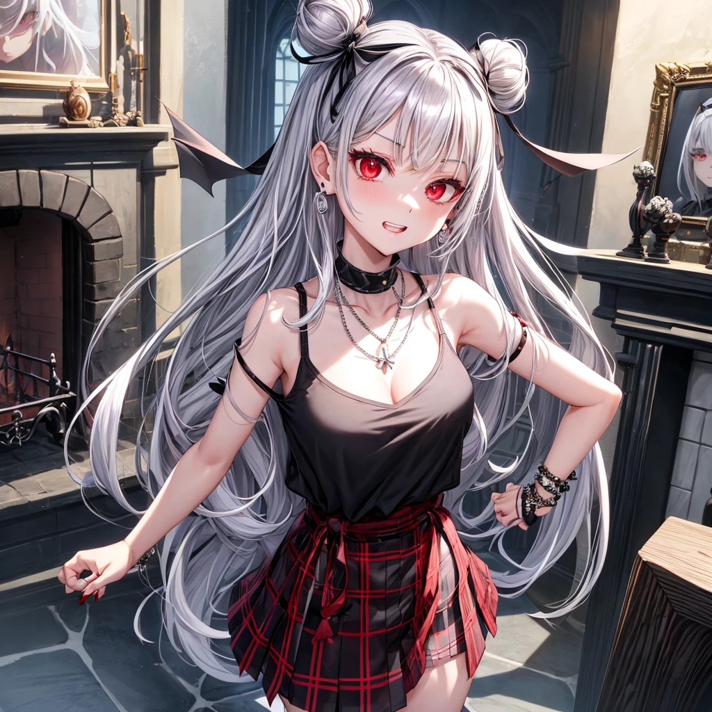 silver hair、red eyes、one good looking girl、solo、anime、plaid mini skirt、black camisole、black t-shirt、dress、wearing a ribbon、ribbon at waist、stones are piled up、crystal earrings、jewelry necklace、Light and shadow、tilting one&#39;s face、teeth are visible、pillar、skylight、fireplace、evil looking face