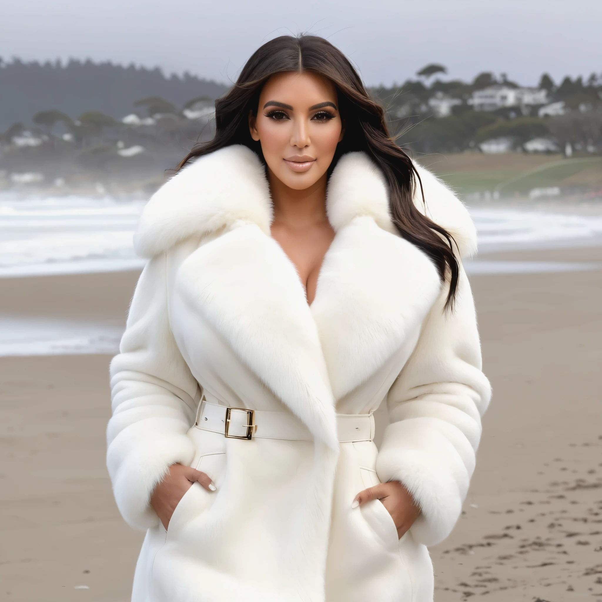 A very wide and very thick, manteau de fourrure en vison blanc, fifty centimeters thick, duveteux, naturel, with an ultra thick white mink fur collar, three layers, sur Kim Kardashian , bare shoulders, and two large breast covered by the fur, at Pebble Beach golf