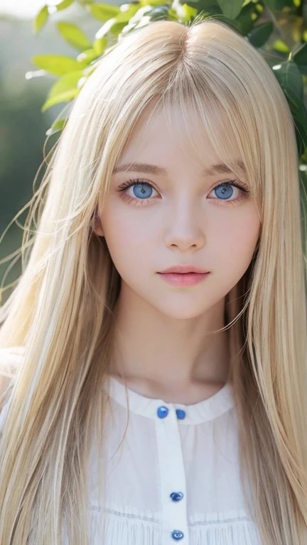 A very beautiful 14-year-old girl with outstanding beautiful blonde hair.、Beautiful and well-groomed face、blonde on the face、bangs above shiny eyes、Very bright white light blue big eyes that shine so beautifully、cute very bright big eyes、gentle and bright expression、blonde super long silky hair、hair above eyes、片hair above eyes、hair between eyes、small face beauty、round face、Very white, bright and young skin、cheek highlights、Very beautiful bright eye highlights、