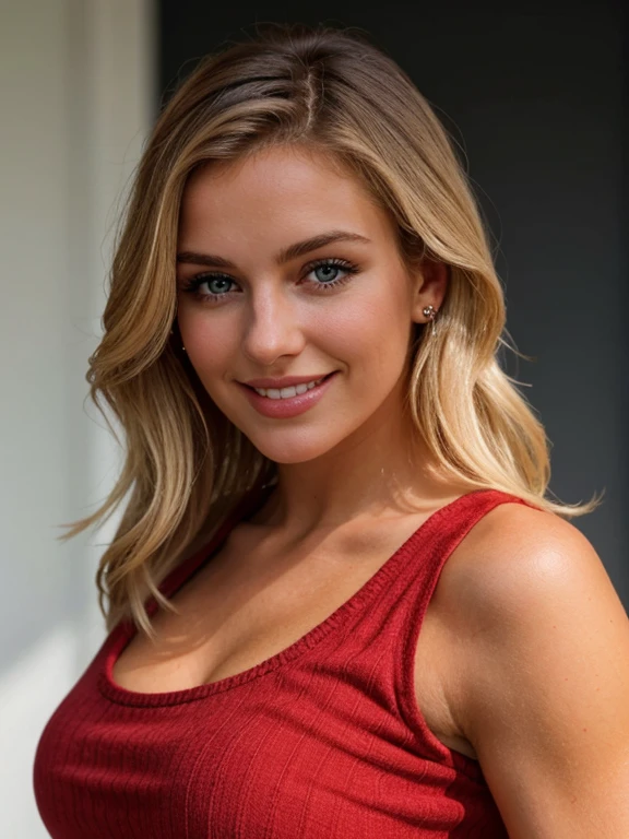 a closeup dark upper body shot photo of a blonde with perfect eyes, smile, wearing red top full photo standing
