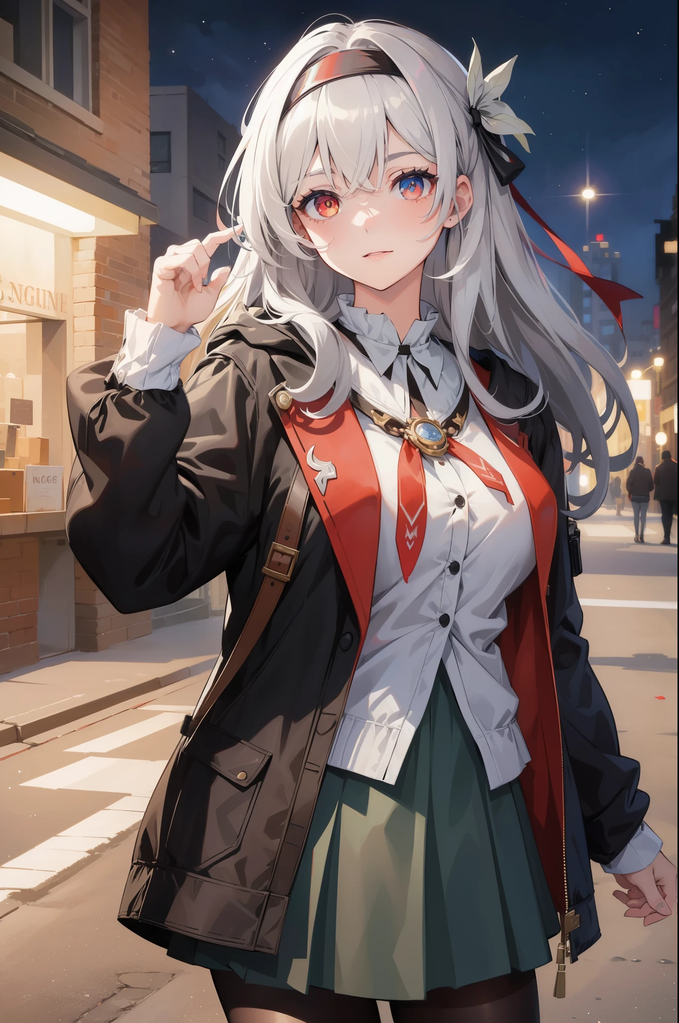 (best quality:1.3), (masterpiece:1.3), (illustration:1.3), (ultra-detailed:1.3), (mid shot:0.9), 1girl, heterochromia eyes, (((red right eye and gray left eye))), (((red right eye))), (((gray left eye))), (((heterochromia))), black headband, white hair, bangs, open sweater hoodie, solo, (((large breasts))), tall, mature, night sky, starry sky, long hair, light smile, skirt, pantyhose, mature, 20 years old, 