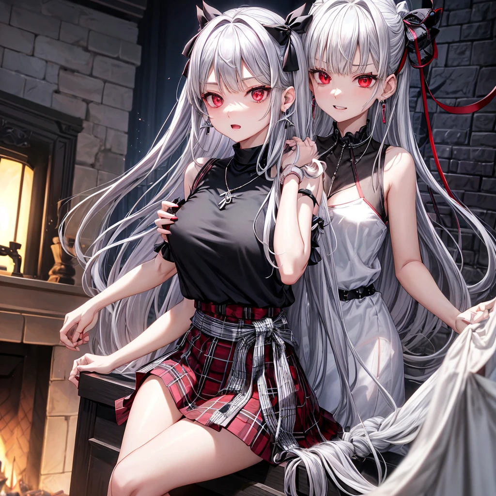 silver hair、red eyes、one good looking girl、solo、anime、plaid mini skirt、black camisole、black t-shirt、dress、wearing a ribbon、ribbon at waist、stones are piled up、crystal earrings、jewelry necklace、Light and shadow、tilting one&#39;s face、teeth are visible、pillar、skylight、fireplace、evil looking face