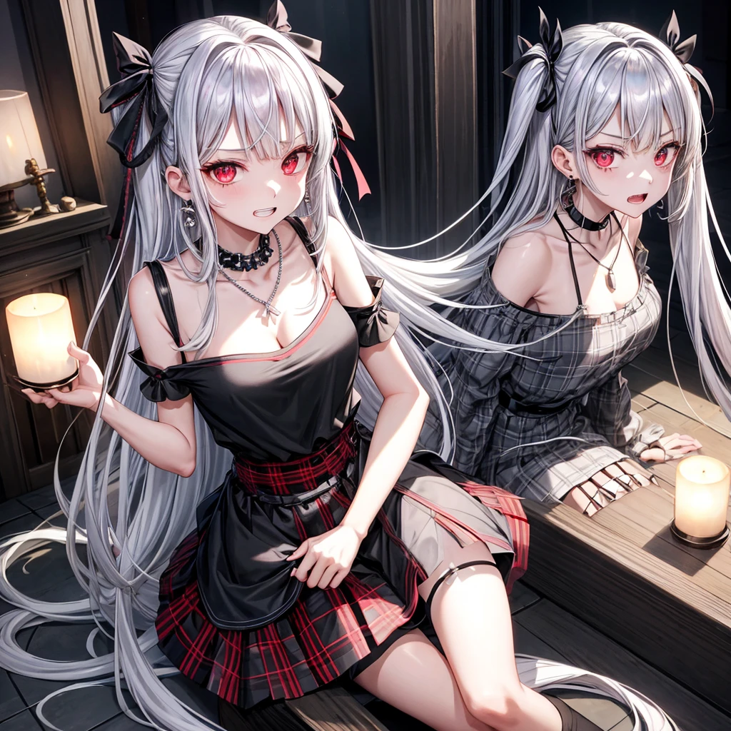 silver hair、red eyes、one good looking girl、solo、anime、plaid mini skirt、black camisole、black t-shirt、dress、wearing a ribbon、ribbon at waist、stones are piled up、crystal earrings、jewelry necklace、Light and shadow、tilting one&#39;s face、teeth are visible、pillar、skylight、fireplace、evil looking face