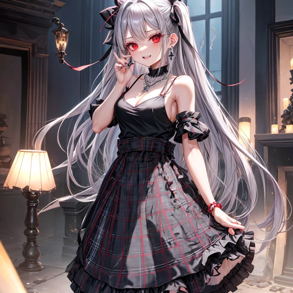 silver hair、red eyes、one good looking girl、solo、anime、plaid mini skirt、black camisole、black t-shirt、dress、wearing a ribbon、ribbon at waist、stones are piled up、crystal earrings、jewelry necklace、Light and shadow、tilting one&#39;s face、teeth are visible、pillar、skylight、fireplace、evil looking face