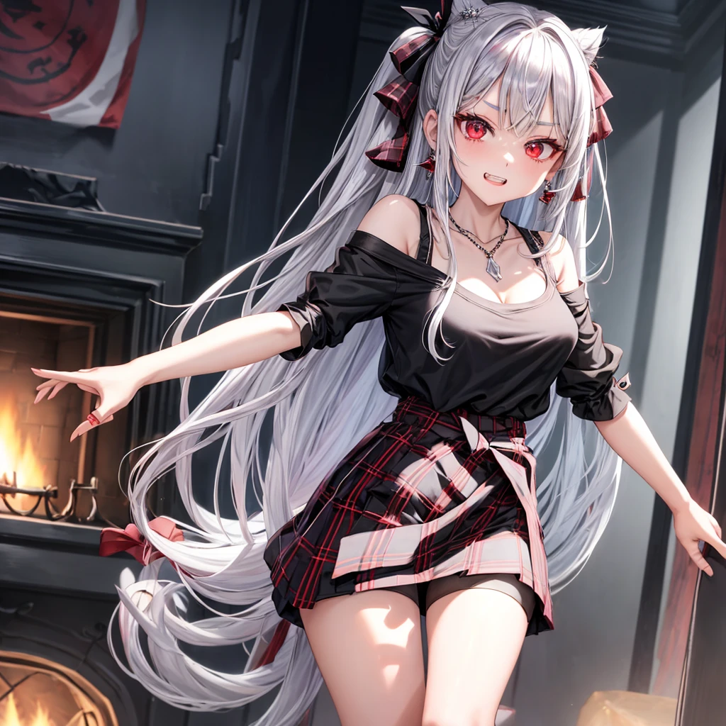 silver hair、red eyes、one good looking girl、solo、anime、plaid mini skirt、black camisole、black t-shirt、dress、wearing a ribbon、ribbon at waist、stones are piled up、crystal earrings、jewelry necklace、Light and shadow、tilting one's face、teeth are visible、pillar、skylight、fireplace、evil looking face