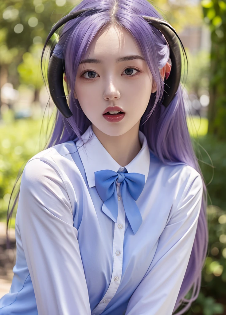 masterpiece, best quality, Hanyuu, 1girl, solo, tongue, tongue out, purple eyes, :p, horns, long hair, purple hair, looking at viewer, bow, shirt, realistic, beautiful girl, photorealistic, extremely detailed, white shirt, blue bowtie,