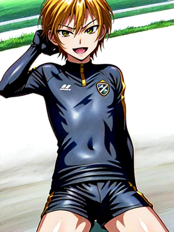 (((official art,Super thin illustration,High resolution, muste piece, best quality,best quality,)))high quality, detailed, ( boy),12 yealo)))、 A young ace striker male idol with a super cute face,A boy as beautiful as Planding, Cool handsome face with a smile, soccer spike, long legs, thighs, Foots, No bulge, (blonde、short hair)、shiny hair, (Tight shiny random color soccer uniform suit), (tight and shiny soccer shorts), (soccer socks), grassy area, cool pose, (厚いthighs、Seducing a big ass into your crotch)、(((soccer field in the park)))、((Saucy、))、grinning grin、spread legs,ultra fine painting, (best quality, In 4K, 8K, High resolution, muste piece:1.2),service shot、((detailedな目:1.2))、showing off his big butt、proud butt、