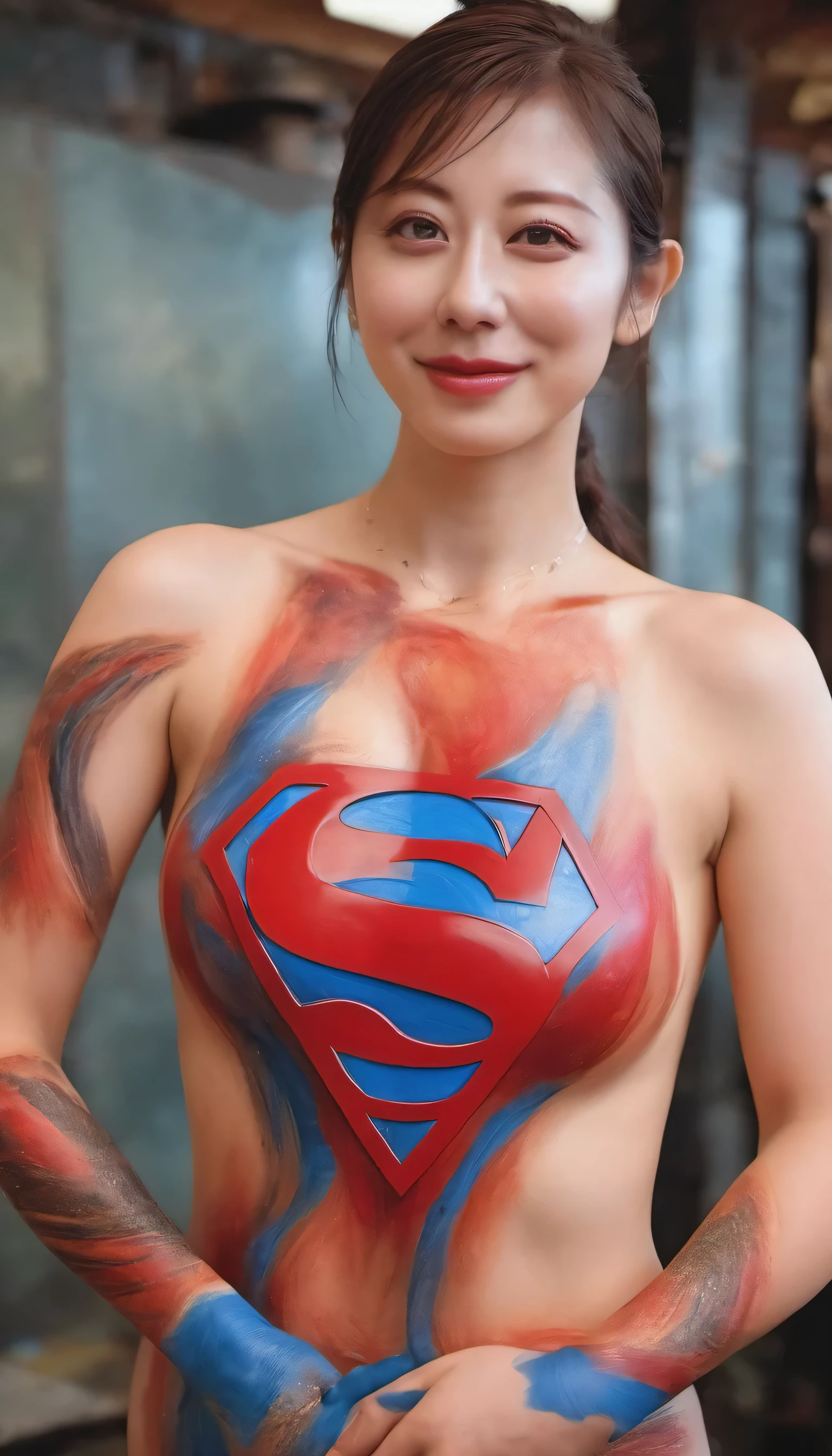 (Highest image quality, realistic depiction),(Body slippery with lotion,sweaty body),artistic nude art,(Beautiful woman with blue and red Superman body paint),Colossal tits,((best character depiction,beautiful nude body))