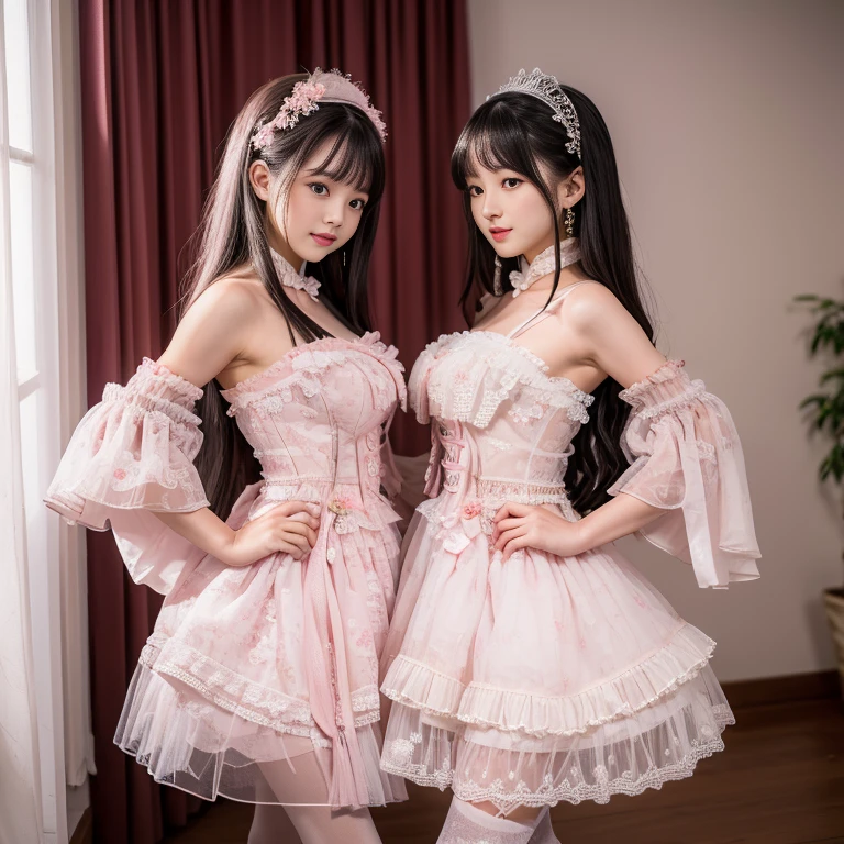 best quality, delicate face，beautiful visual work, lifelike, 2 girls, eternal, black hair, Long curly hair, blunt bangs, Smile, pink skirt, pink lolita dress, layered skirt, Lolita style long skirt,分層連衣裙 lace-trimmed 裙子, decorate, lace, long sleeve, puff sleeves, wide sleeves, Transparent sleeves, hair accessories, 在flower园里, flower, Detailed background,  delicate face，pink blush，White knee-length socks, Pink shoes，Lots of lace，(masterpiece)、(top quality)、8K、high detail、super detailed，21 years old female，穿着pink lolita dress(dreamy atmosphere:1.1)、​masterpiece、born、Scenes resembling fairy tale illustrations、Intricate details showcase the ruffles and intricate designs of the Lolita dress、beautifully、magic、capricious、 beautifully、Dream aesthetics、「𝓡𝓸𝓶𝓪𝓷𝓽𝓲𝓬」、realism、Visual effect、FXAA、SSAO、shader、voiceless、ambient lighting、Tone mapping、High resolution、ultra high definition、megapixel、(8K resolution:1.10)、8K、Below 8K、8K resolution、high detail、intricate details， (high quality:1.2、​masterpiece:1.2、:1.21)、(21 years old female:1.21)、(興奮地Smile)、(Surrounded by the dreamy atmosphere、High heel、Model diagram，full-body shot，Knee-high 白色的 lace socks,Sweet Lolita，Normal 2 feet，Pink shoes，Baotou shoes，silver crown tiara，Don't show your fingers，lolita cake dress，Thousand layer skirt，Every layer has lace，The skirt has a hem，cold，huge breasts，hands on hips，Wide cuffs cover hands，2 girls