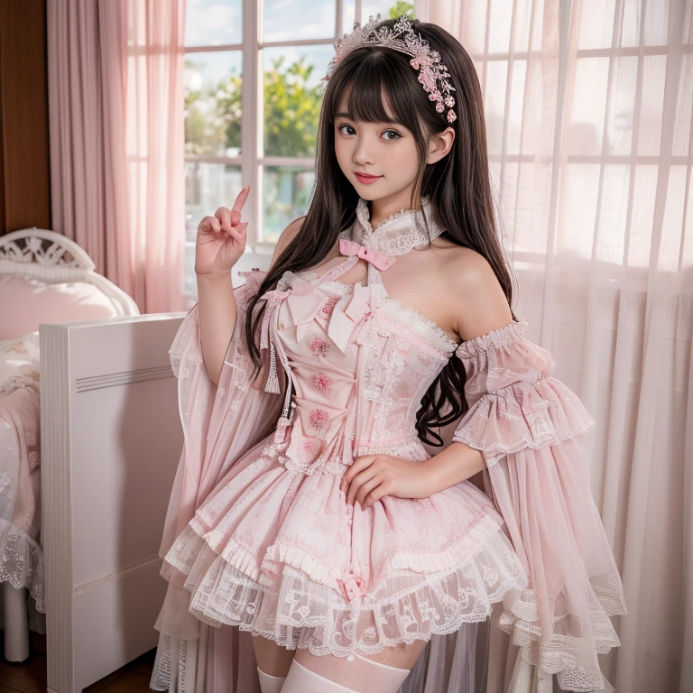 best quality, delicate face，beautiful visual work, lifelike, 2 girls, eternal, black hair, Long curly hair, blunt bangs, Smile, pink skirt, pink lolita dress, layered skirt, Lolita style long skirt,分層連衣裙 lace-trimmed 裙子, decorate, lace, long sleeve, puff sleeves, wide sleeves, Transparent sleeves, hair accessories, 在flower园里, flower, Detailed background,  delicate face，pink blush，White knee-length socks, Pink shoes，Lots of lace，(masterpiece)、(top quality)、8K、high detail、super detailed，21 years old female，穿着pink lolita dress(dreamy atmosphere:1.1)、​masterpiece、born、Scenes resembling fairy tale illustrations、Intricate details showcase the ruffles and intricate designs of the Lolita dress、beautifully、magic、capricious、 beautifully、Dream aesthetics、「𝓡𝓸𝓶𝓪𝓷𝓽𝓲𝓬」、realism、Visual effect、FXAA、SSAO、shader、voiceless、ambient lighting、Tone mapping、High resolution、ultra high definition、megapixel、(8K resolution:1.10)、8K、Below 8K、8K resolution、high detail、intricate details， (high quality:1.2、​masterpiece:1.2、:1.21)、(21 years old female:1.21)、(興奮地Smile)、(Surrounded by the dreamy atmosphere、High heel、Model diagram，full-body shot，Knee-high 白色的 lace socks,Sweet Lolita，Normal 2 feet，Pink shoes，Baotou shoes，silver crown tiara，Don't show your fingers，lolita cake dress，Thousand layer skirt，Every layer has lace，The skirt has a hem，cold，huge breasts，hands on hips，Wide cuffs cover hands，2 girls