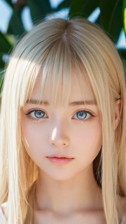 A very beautiful -yeld giwith outstanding beautiful blonde hair.、Beautiful and well-groomed face、blonde on the face、bangs above shiny eyes、Very bright white light blue big eyes that shine so beautifully、cute very bright big eyes、gentle and bright expression、blonde super long silky hair、hair above eyes、片hair above eyes、hair between eyes、small face beauty、round face、Very white, bright and young skin、cheek highlights、Very beautiful bright eye highlights、
