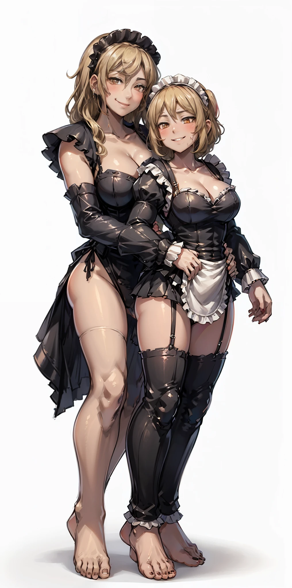 ((White background)) 1mother with daughter showing her asses,barefeet, cute, ((Short black hair girl and long blonde hair girl)), maid victorian, maid apron, straight face, dazed, Body position: Standing, straight, symmetrical, barefoot, smile face, lustful smirking smile face red blushed red cheeks