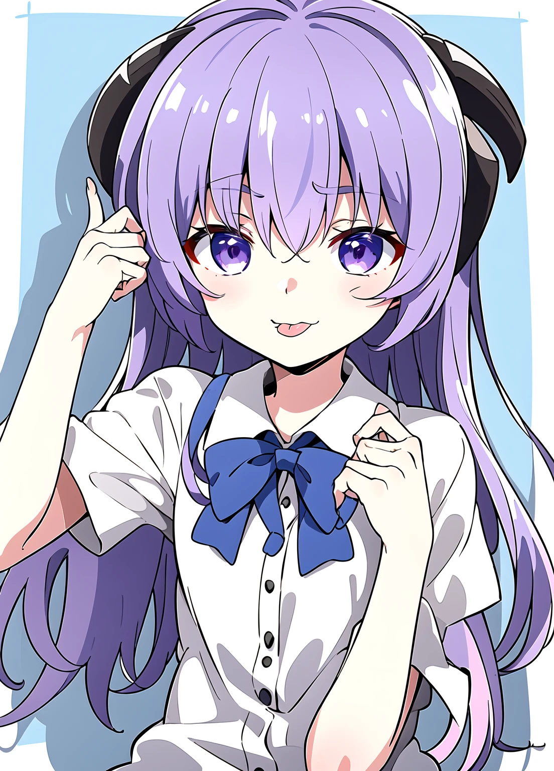 masterpiece, best quality, Hanyuu, 1girl, solo, tongue, tongue out, purple eyes, :p, horns, long hair, purple hair, looking at viewer, bow, shirt