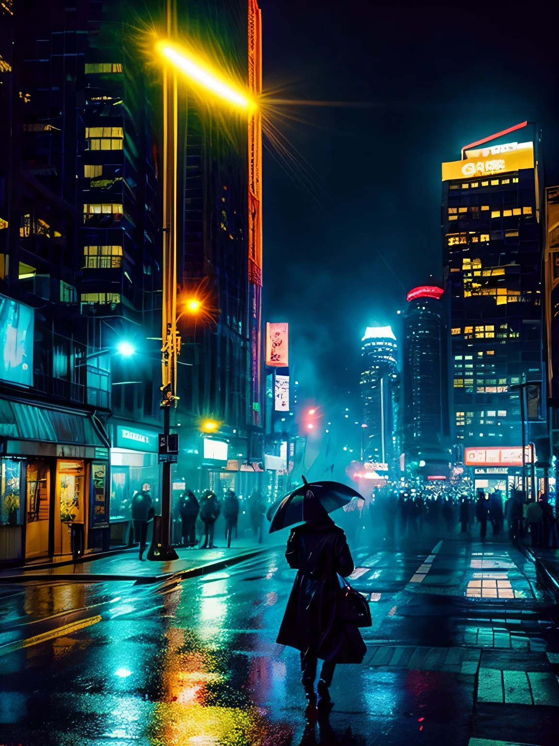 cyberpunk at night, where the cityscape is a tapestry of vibrant neon lights that cut through the darkness like rays of light on a starry night. The skyscrapers rise imposingly, enveloped in a futuristic aura of reflective glass and polished steel, each adorned with a profusion of bright signs that compete for attention.
The streets are narrow and winding, winding between tall buildings like the pulsing veins of a metropolitan creature. The wet pavement shines in the neon light, reflecting the bright colors in mirrored pools that punctuate the urban scene.
Os transeuntes, wrapped in cyber-style clothing, move along sidewalks with a mix of purpose and caution. Their faces are illuminated by the neon spotlights, revealing expressions ranging from determination to despair amid urban life's interconnected web of intrigue and opportunity.
As the night progresses, os becos sombrios e as vielas estreitas ganham vida com uma energia pulsante. Clandestine nightclubs and bars lit in pulsating neon attract a diverse crowd of city dwellers, each seeking their own dose of escapism and excitement.
in the sky, the fog of pollution mixes with the fog of rain, creating a diffuse dome over the city, where spotlight beams and laser beams cut the air in mesmerizing patterns. It's a city where the line between the virtual and the real dissolves under the neon light, where the future and the past collide in a spectacle of light and shadows.