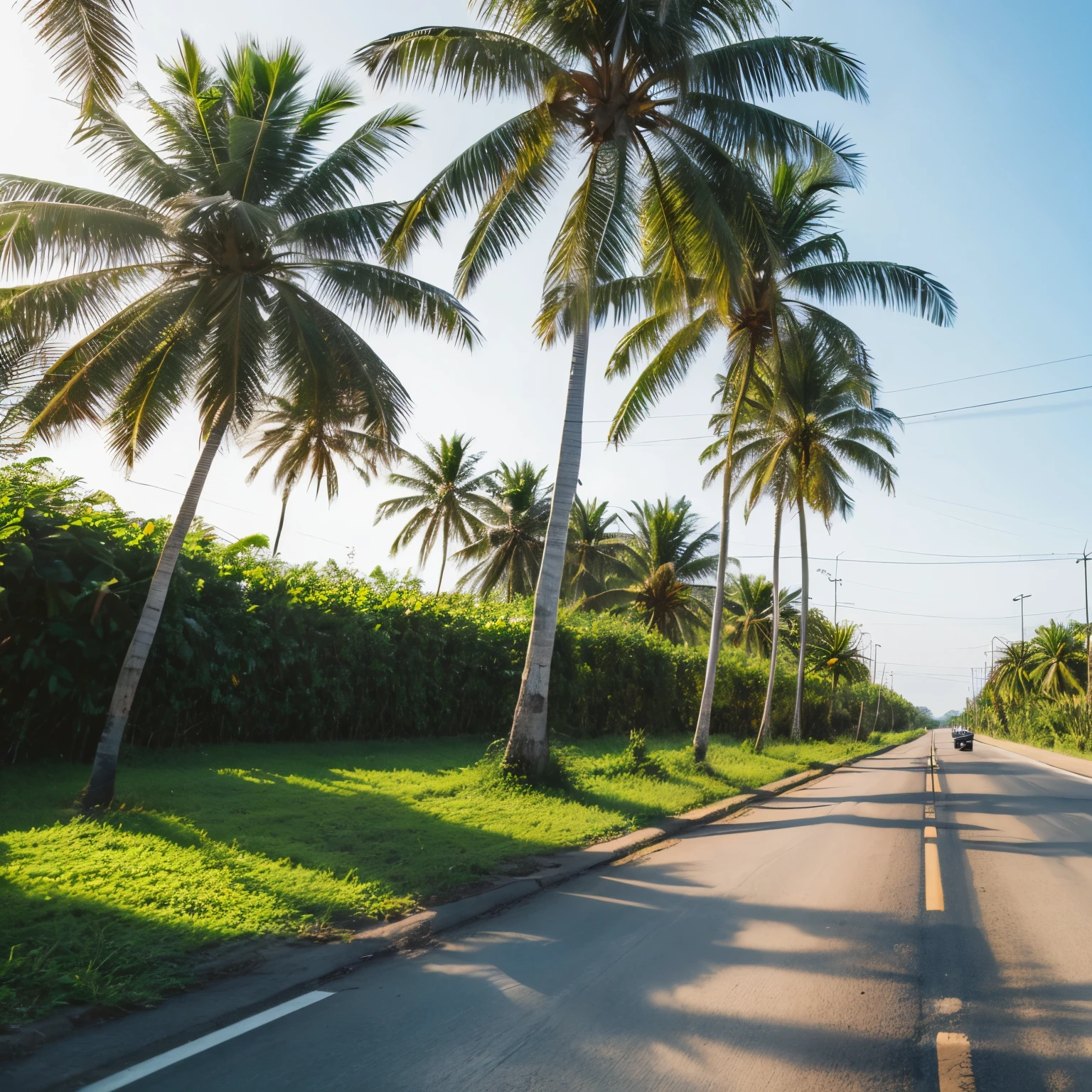 Wide open road side by coconut trees man walking