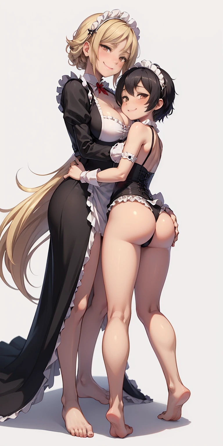 ((White background)) 1mother with daughter showing her asses,barefeet, cute, ((Short black hair girl and long blonde hair girl)), maid victorian, maid apron, straight face, dazed, Body position: Standing, straight, symmetrical, barefoot, smile face, lustful smirking smile face red blushed red cheeks