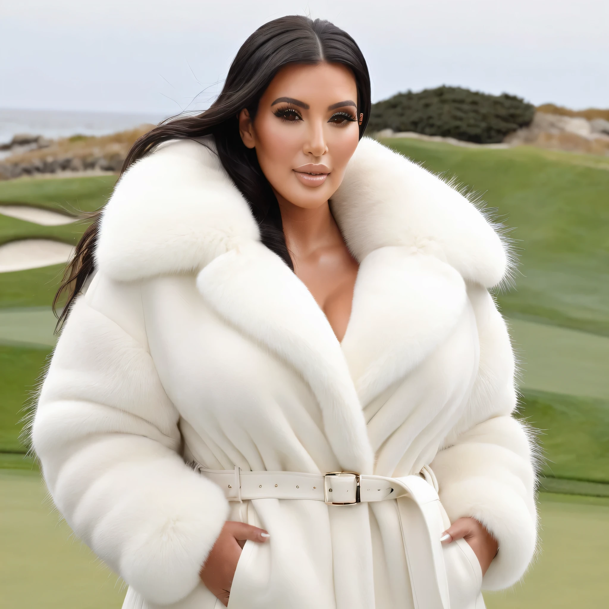 A very wide and very thick, manteau de fourrure en vison blanc, fifty centimeters thick, duveteux, naturel, with an ultra thick white mink fur collar, three layers, sur Kim Kardashian , bare shoulders, and two large breast covered by the fur, at Pebble Beach golf