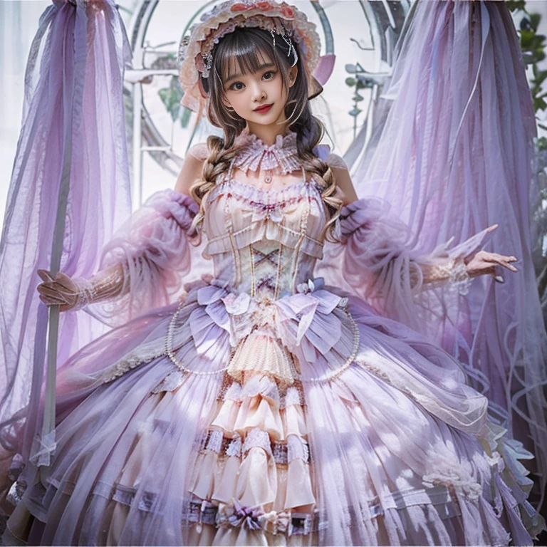 best quality, delicate face,beautiful visual work, lifelike, 2 girls, eternal, black hair, Long curly hair, blunt bangs, Smile, pink skirt, pink lolita dress, layered skirt, Lolita style long skirt,分層連衣裙 lace-trimmed 裙子, decorate, lace, long sleeve, puff sleeves, wide sleeves, Transparent sleeves, hair accessories, 在flower园里, flower, Detailed background, delicate face,pink blush,White knee-length socks, Pink shoes,Lots of lace,(masterpiece)、(top quality)、8K、high detail、super detailed,21 years old female,穿着pink lolita dress(dreamy atmosphere:1.1)、masterpiece、born、Scenes resembling fairy tale illustrations、Intricate details showcase the ruffles and intricate designs of the Lolita dress、beautifully、magic、capricious、 beautifully、Dream aesthetics、「𝓡𝓸𝓶𝓪𝓷𝓽𝓲𝓬」、realism、Visual effect、FXAA、SSAO、shader、voiceless、ambient lighting、Tone mapping、High resolution、ultra high definition、megapixel、(8K resolution:1.10)、8K、Below 8K、8K resolution、high detail、intricate details, (high quality:1.2、masterpiece:1.2、:1.21)、(21 years old female:1.21)、(興奮地Smile)、(Surrounded by the dreamy atmosphere、High heel、Model diagram,full-body shot,Knee-high 白色的 lace socks,Sweet Lolita,Normal 2 feet,Pink shoes,Baotou shoes,silver crown tiara,Don't show your fingers,lolita cake dress,Thousand layer skirt,Every layer has lace,The skirt has a hem,cold,huge breasts,hands on hips,Wide cuffs cover hands,2 girls