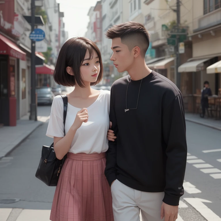 A cute korean girl walking to a cafe with her boyfreind, boyfreind is cute, badboy kissing. The girl is blushing a lot. In love...