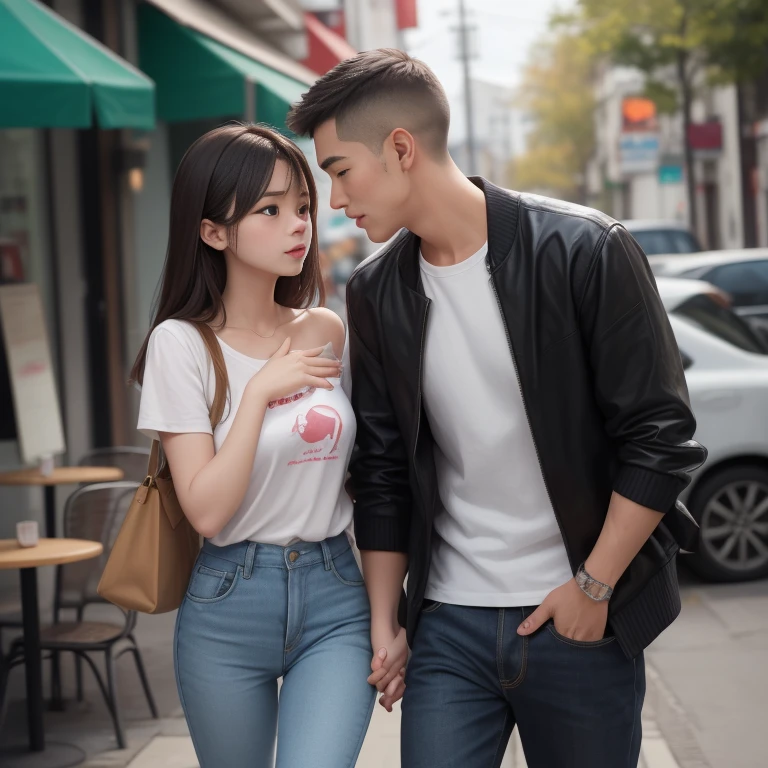 A cute korean girl walking to a cafe with her boyfreind, boyfreind is cute, badboy kissing. The girl is blushing a lot. In love...