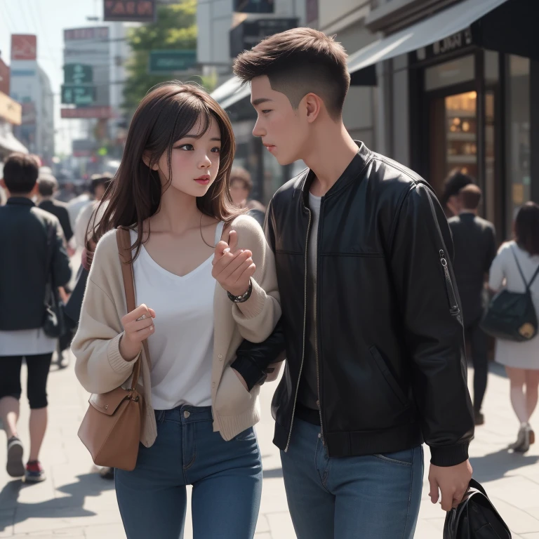 A cute korean girl walking to a cafe with her boyfreind, boyfreind is cute, badboy kissing. The girl is blushing a lot. In love...