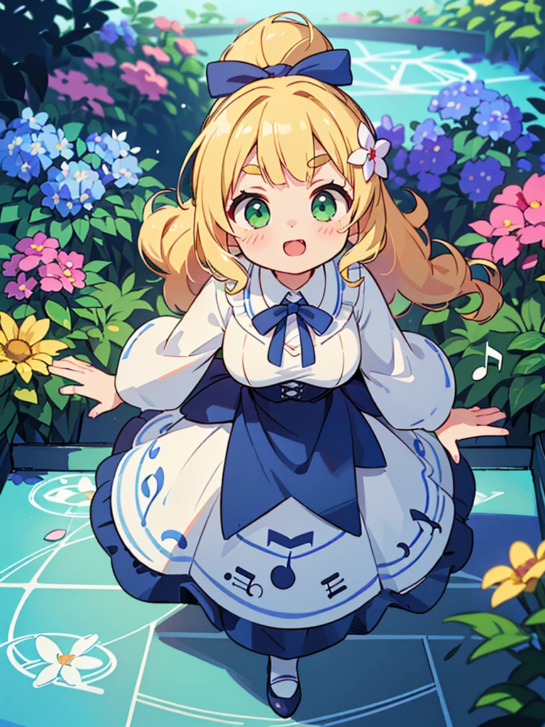 (super detailed illustrations:1.2),(masterpiece, 8K), (最high quality, high quality:1.4), perfect anatomy, very detailed, super detailed,masterpiece background,beautiful detailed background, v8K wallpaper,perfect design,award winning art,atmospheric,
break, 1 beautiful girl, girl, (cute:1.5),(a bit:0.5),(cute:2.0),(change:2.0),(12 year old girl),(big breasts:1.65),(chin hair,blonde,blue bow,green eyes,Eyebrows visible through the hair,side lock,long hair and bangs parted, hair flower, hair ornaments, big ribbon in hair, curly hair, ponytail:1.6),:he, white feathers, one thin white wing, Ang he wings, spread your wings, shining wings),pit \black},glowing skin, beautiful skin, Shining beautiful skin, open your mouth, shy smile, alone, teeth, 上のteeth,(long eyheashes, double eyheids:1.2),alone, glowing skin, beautiful skin, Shining beautiful skin,(highest quality face),(highest quality shining eyes),
break, (Inspired by musical motifs:1.2), white lace, (closed collar long sleeve blouse:1.2) and frilled and ribbon, Under voluminous panniers (musical note pattern long dress:1.6) and (Layered with lots of frills:1.2) andリボン, (Lace frill socks:1.2), music-themed accessories, have, Platform Shoes,break, (flower garden:1.8), (magic circle:1.3), (fantasy:1.5), (long shot:1.5), One, (light:1.2), light, blue sky, Wind, falling petals, illusion effect, magic effect,
break,Seaweed,Seaweed,Seaweed,(look up,from the front:1.5)
(Go up the stairs:1.5),
break,(blurred background:1.3),(absurd, High resolution, super detail art),cel shading,clear color, optical effect, beautiful photo, bright shine, mystic atmosphere,(Close-up of girl:1.1), mysterious light particle effect,Manga influence, beautiful line drawing,
