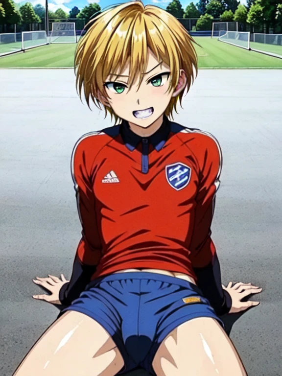 (((official art,Super thin illustration,High resolution, muste piece, best quality,best quality,)))high quality, detailed, (****** boy),************,(((solo)))、 A young ace striker male idol with a super cute face,A boy as beautiful as Planding, Cool handsome face with a smile, soccer spike, long legs, thighs, Foots, No bulge, (blonde、short hair)、shiny hair, (Tight shiny random color soccer uniform suit), (tight and shiny soccer shorts), (soccer socks), grassy area, cool pose, (厚いthighs、Seducing a big ass into your crotch)、(((soccer field in the park)))、((Saucy、))、grinning grin、spread legs,ultra fine painting, (best quality, In 4K, 8K, High resolution, muste piece:1.2),service shot、((detailedな目:1.2))、showing off his big butt、proud butt、