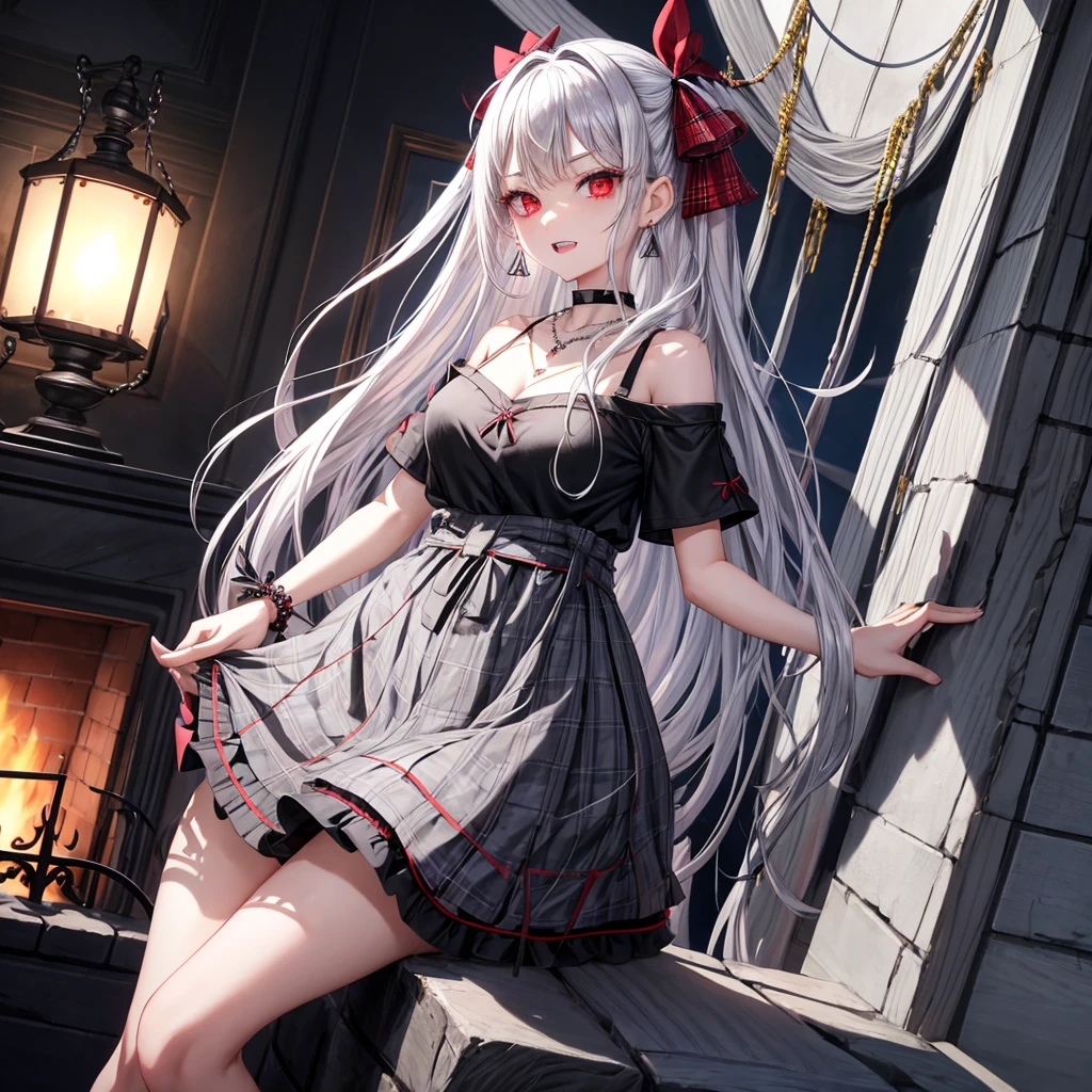 silver hair、red eyes、one good looking girl、solo、anime、plaid mini skirt、black camisole、black t-shirt、dress、wearing a ribbon、ribbon at waist、stones are piled up、crystal earrings、jewelry necklace、Light and shadow、tilting one&#39;s face、teeth are visible、pillar、skylight、fireplace、evil looking face