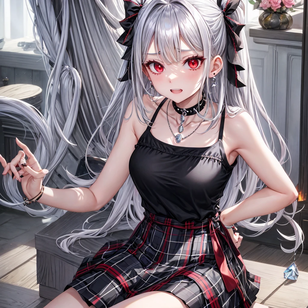 silver hair、red eyes、one good looking girl、solo、anime、plaid mini skirt、black camisole、black t-shirt、dress、wearing a ribbon、ribbon at waist、stones are piled up、crystal earrings、jewelry necklace、Light and shadow、tilting one&#39;s face、teeth are visible、pillar、skylight、fireplace、evil looking face