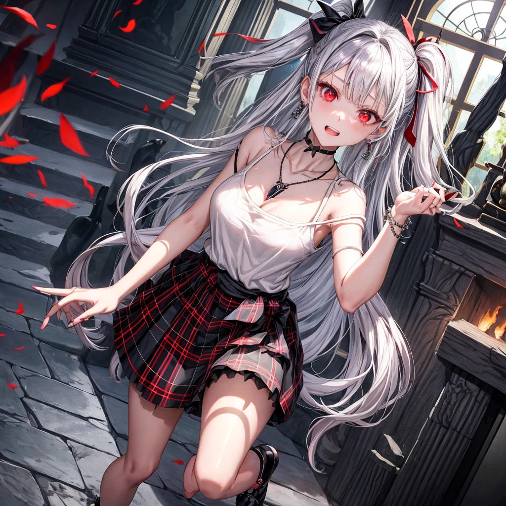 silver hair、red eyes、one good looking girl、solo、anime、plaid mini skirt、black camisole、black t-shirt、dress、wearing a ribbon、ribbon at waist、stones are piled up、crystal earrings、jewelry necklace、Light and shadow、tilting one's face、teeth are visible、pillar、skylight、fireplace、evil looking face