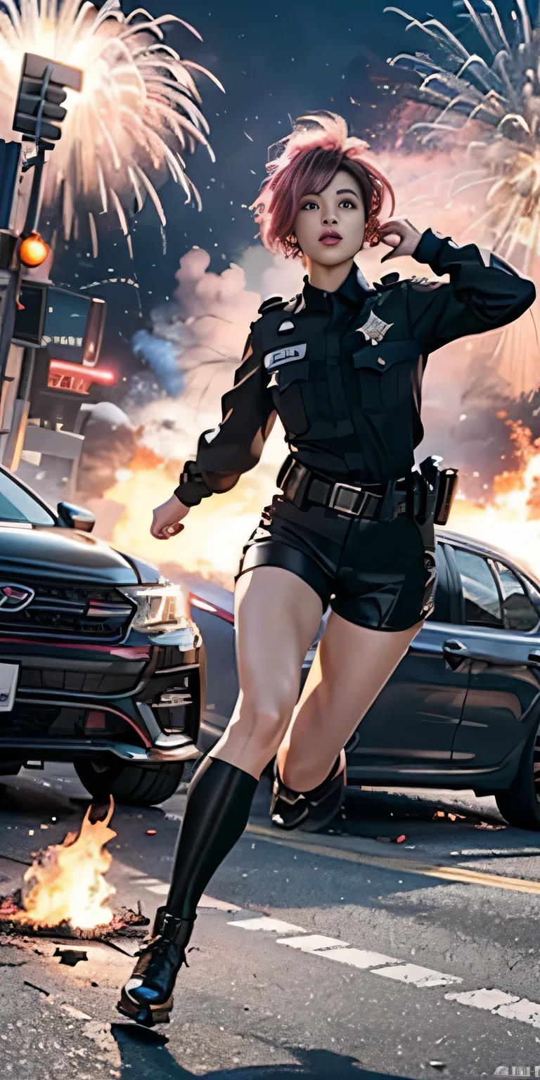 (Photorealistic, Ultra High Definition), ((full body shot:1, looking at viewer)), Soft light,1 police lady, Night City, (Detailed face), (Pink coiffed short-Hair: 1.3), (clothing colors based on silver black pink red white), Futuristic composite Suits, Police costume like Streetwear, police badge, High-Tech Headset, black army belt, racing gloves, hot pants or low , holding a handgun, "POLICE", ((Background crashed cars, burning car, fire background, Explosions, crowd running away)),