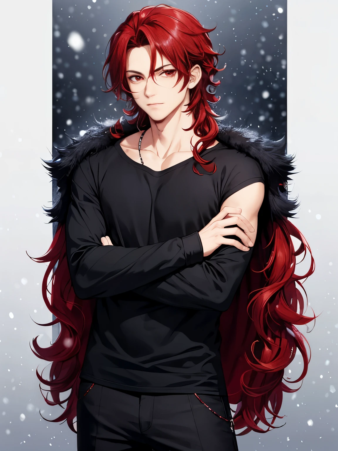 1boy, cool style,looking at viewer,Black t-shirt,standing,Hands crossed, close up photo,snowing,handsome,Shoulder length hair,curly hair, red hair,black trousers, black shirt, black fur jacket,Holding a black bear,red eyes, vampire