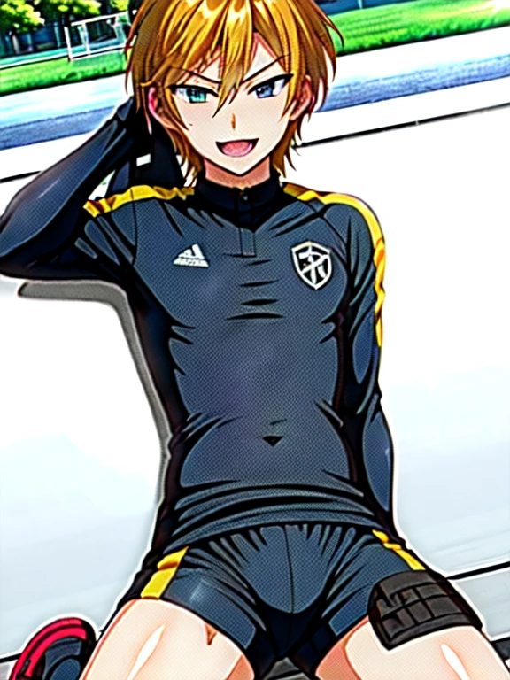 (((official art,Super thin illustration,High resolution, muste piece, best quality,best quality,)))high quality, detailed, (),12 years o)、 A young ace striker male idol with a super cute face,A boy as beautiful as Planding, Cool handsome face with a smile, soccer spike, long legs, thighs, Foots, No bulge, (blonde、short hair)、shiny hair, (Tight shiny random color soccer uniform suit), (tight and shiny soccer shorts), (soccer socks), grassy area, cool pose, (厚いthighs、Seducing a big ass into your crotch)、(((soccer field in the park)))、((Saucy、))、grinning grin、spread legs,ultra fine painting, (best quality, In 4K, 8K, High resolution, muste piece:1.2),service shot、((detailedな目:1.2))、showing off his big butt、proud butt、