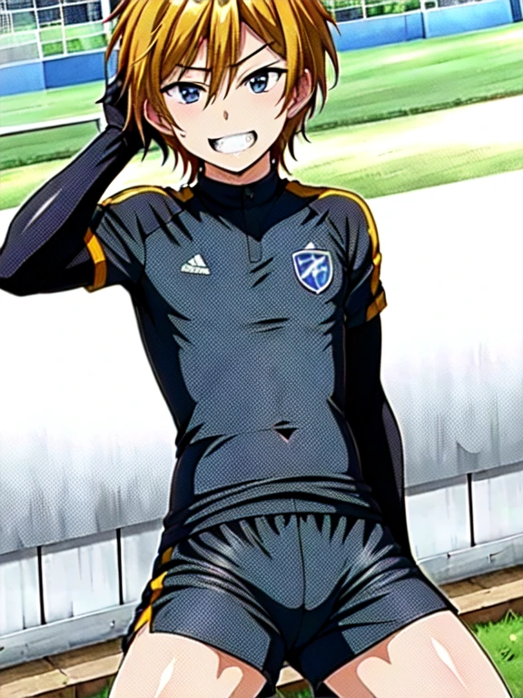 (((official art,Super thin illustration,High resolution, muste piece, best quality,best quality,)))high quality, detailed, (little boy),12 years old,(((solo)))、 A young ace striker male idol with a super cute face,A boy as beautiful as Planding, Cool handsome face with a smile, soccer spike, long legs, thighs, Foots, No bulge, (blonde、short hair)、shiny hair, (Tight shiny random color soccer uniform suit), (tight and shiny soccer shorts), (soccer socks), grassy area, cool pose, (厚いthighs、Seducing a big ass into your crotch)、(((soccer field in the park)))、((Saucy、))、grinning grin、spread legs,ultra fine painting, (best quality, In 4K, 8K, High resolution, muste piece:1.2),service shot、((detailedな目:1.2))、showing off his big butt、proud butt、
