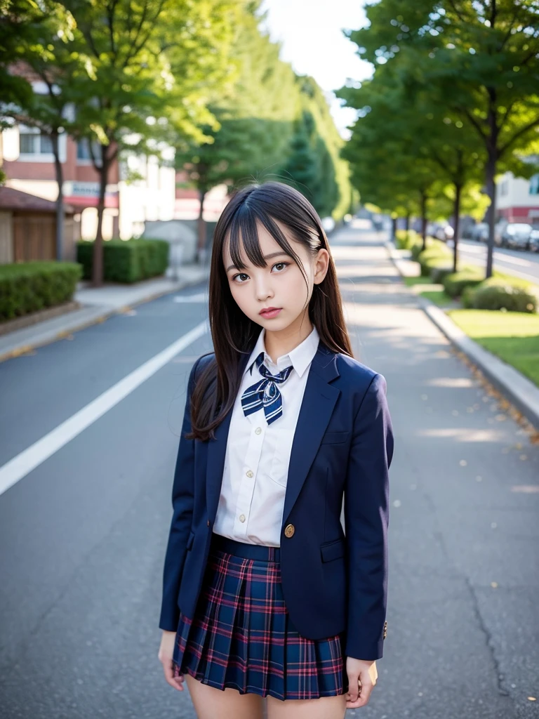 (masterpiece, highest quality:1.4), award-winning portraits, 8K, 85mm, alone, beautiful face, delicate girl, , (dark navy blazer jacket), dark navy skirt, long sleeve, violaces, gardenia, grace, Sophisticated, cute, teen, looking at the viewer, 15 years old, Raw photo, disorganized, HDR, sharp focus, A bow tie, background bokeh、(((flat 、thin and delicate body、A childish atmosphere)))、Her shiny semi-long hair is tied up、hair swaying in the wind、Mole on the left cheek、large, round, dark blue eyes、full body、random pose、Run、sprinting、Skirt fluttering in the wind、Junior idol、Nogizaka Idol、widening skirt、jump、mole under eye、sexy、