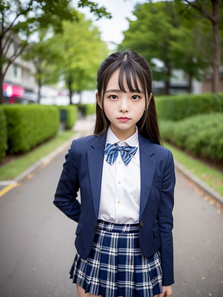 (masterpiece, highest quality:1.4), award-winning portraits, 8K, 85mm, alone, beautiful face, delicate girl, , (dark navy blazer jacket), dark navy skirt, long sleeve, violaces, gardenia, grace, Sophisticated, cute, teen, looking at the viewer, , Raw photo, disorganized, HDR, sharp focus, A bow tie, background bokeh、(((flat 、thin and delicate body、A childish atmosphere)))、Her shiny semi-long hair is tied up、hair swaying in the wind、Mole on the left cheek、large, round, dark blue eyes、full body、random pose、Run、sprinting、Skirt fluttering in the wind、Junior idol、Nogizaka Idol、widening skirt、jump、mole under eye、sexy、