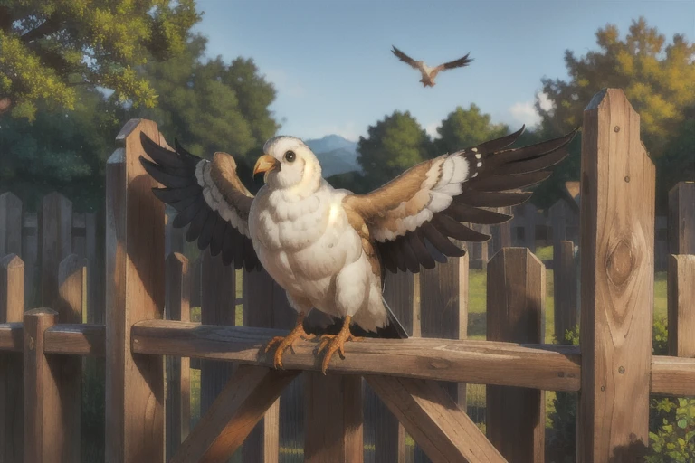 complex parts, masterpiece, absurdity, Best quality, realistic, top quality, bird, sat on a wooden fence