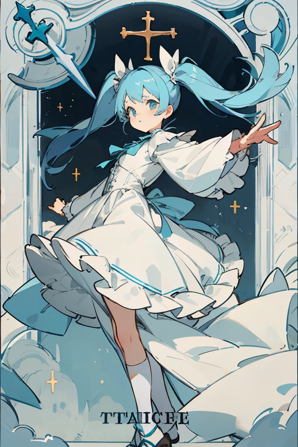 Tiffany Blue Hair,cross,white ta clothes,frills,ribbon,church,tarot,twin tails