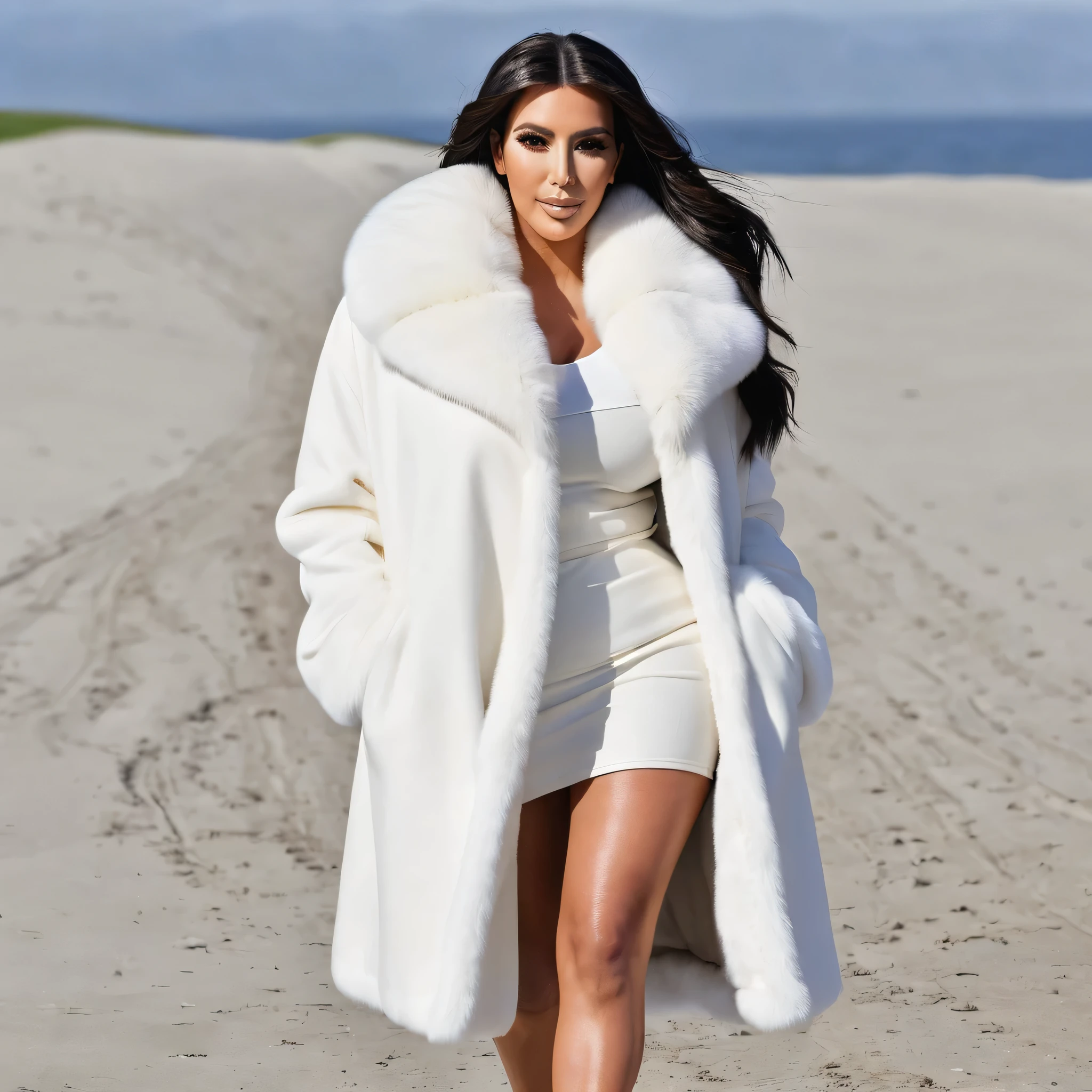 A very wide and very thick, manteau de fourrure en vison blanc, fifty centimeters thick, duveteux, naturel, with an ultra thick white mink fur collar, three layers, sur Kim Kardashian , bare shoulders, and two large breast covered by the fur, at Pebble Beach golf