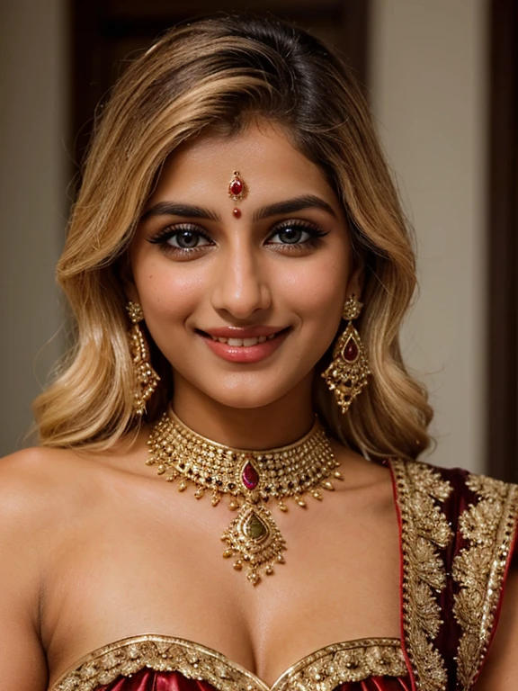 a closeup dark upper body shot photo of a blonde with perfect eyes, smile, wearing Indian chudi dar dress and jewelry