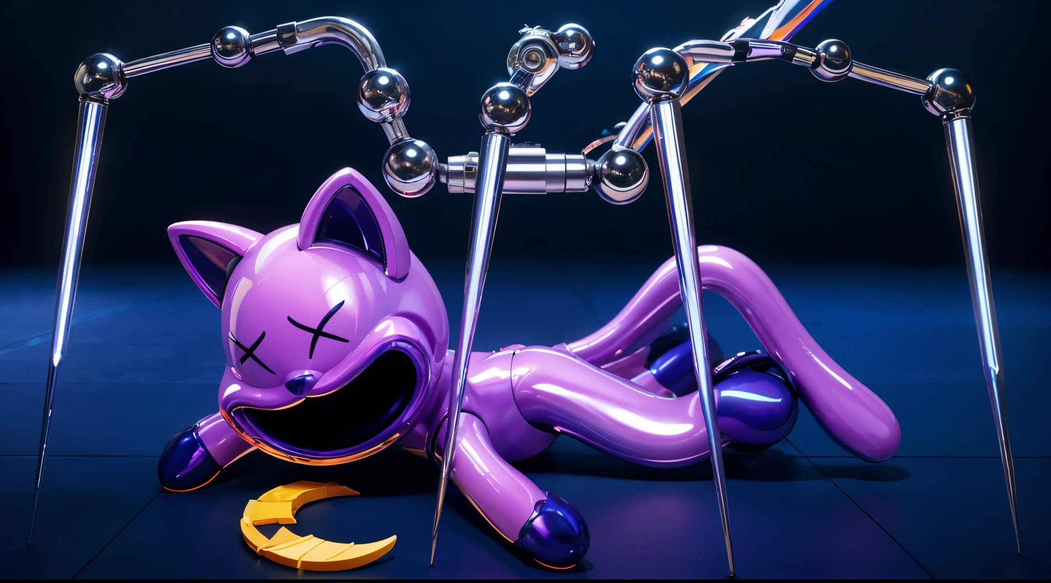 A purple robot dog is looking at a 3d yellow moon with a crescent cut out of it. The background is blue. A pink cat with a smiling face is lying on its side with its eyes closed. Its mouth is open and it has a large smile. It has a black nose and pink ears. Glossy blue floor. Close-up of a purple toy cat with a crescent moon on its chest, Cat Robot, Rabbt_Nature, toonix Nature, anthropomorphic cat, милый anthropomorphic cat, 3D icon for mobile game, cartoon key frame rendering, cute 3D rendering, Friendly cat, Shiny metallic, zbrush color rendering. perfect cgi, cgi art created only with gradients, smooth silhouette, high intensity refraction, (plastic material), most beautiful vfx, blue background, plastic refractions, pink mommy long legs toy, glossy texture, smooth 3d model, multiple light sources, rim light, sharp post effects render, (glossy plastic texture with multiple big light probe refractions), perfect cgi, cgi art created only with gradients, smooth silhouette, high intensity refraction, (plastic material), most beautiful vfx, blue background, plastic refractionsмультяшная young woman в красной юбке и синей рубашке, Chucky style, animated character, dancing character, 3rd character render, April render, 3rd character art, 3rd character, 3D character, Cartoon character, young woman, creepy young woman, Chucky, 3D rendering of characters 8k, Tuni, 3D rendering stylized