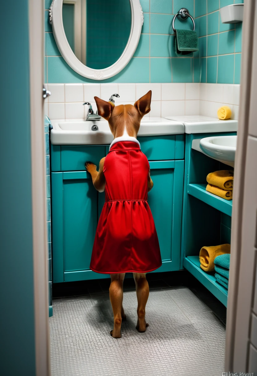 A four year old in a red dress standing in the bathroom next to the sink, Inspired by Elke Vogelsang, inspired Written by Eddie Zandt, By Jacob Gauermann, Photo Alexei Krylev, Written by Eddie Zandt, anthropomorphic dog cleaning, Written by Thomas Hefner, Written by Kuno Wieber