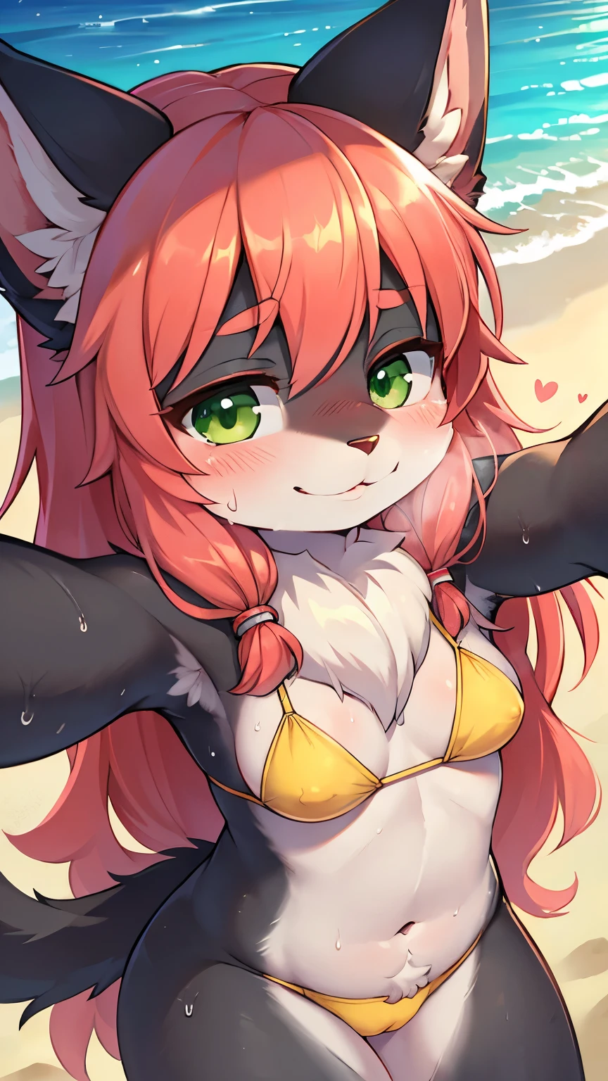 beat quality,best resolution,(fluffy anthro furry :1.3),solo,coral hair cat girl,small breasts, long hair,wavy hair,dark grey fur,green eyes,cat ears,cat tail,pubic fur,neck fur,yellow bikini,beautiful beach,camel toe very obivious,soak body,soak hair,sweating,looking at viewer,full face blush,shy face,smile,upper body only,shy pose,panoramic view,selfie,heart eyes,heart expression eyes,heavy breath,very hot,front view,face to face