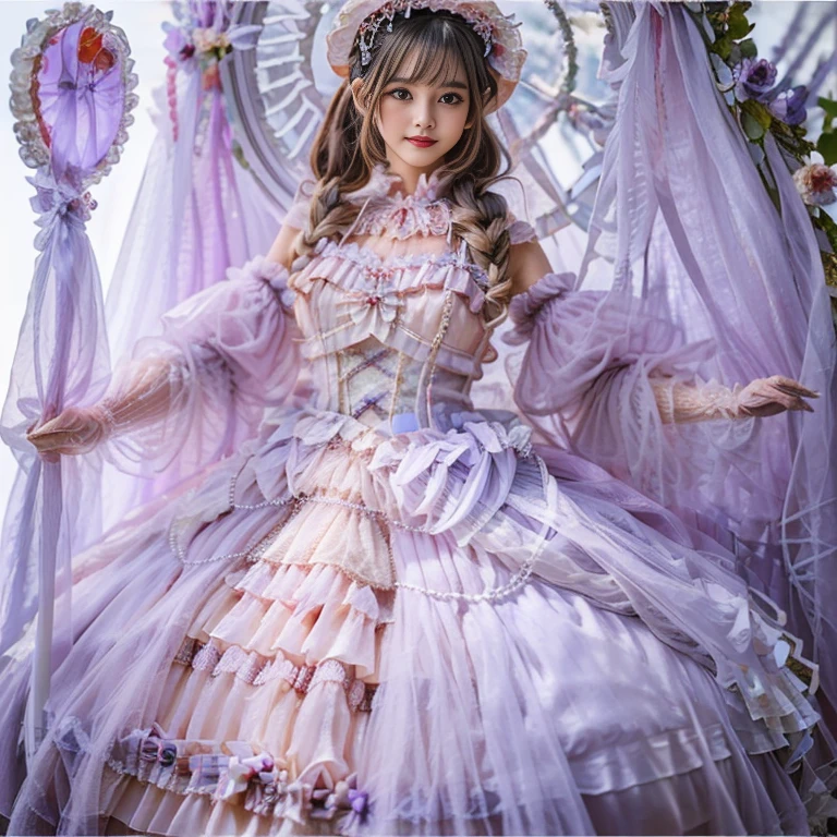 best quality, delicate face,beautiful visual work, lifelike, 2 girls, eternal, black hair, Long curly hair, blunt bangs, Smile, pink skirt, pink lolita dress, layered skirt, Lolita style long skirt,分層連衣裙 lace-trimmed 裙子, decorate, lace, long sleeve, puff sleeves, wide sleeves, Transparent sleeves, hair accessories, 在flower园里, flower, Detailed background, delicate face,pink blush,White knee-length socks, Pink shoes,Lots of lace,(masterpiece)、(top quality)、8K、high detail、super detailed,21 years old female,穿着pink lolita dress(dreamy atmosphere:1.1)、masterpiece、born、Scenes resembling fairy tale illustrations、Intricate details showcase the ruffles and intricate designs of the Lolita dress、beautifully、magic、capricious、 beautifully、Dream aesthetics、「𝓡𝓸𝓶𝓪𝓷𝓽𝓲𝓬」、realism、Visual effect、FXAA、SSAO、shader、voiceless、ambient lighting、Tone mapping、High resolution、ultra high definition、megapixel、(8K resolution:1.10)、8K、Below 8K、8K resolution、high detail、intricate details, (high quality:1.2、masterpiece:1.2、:1.21)、(21 years old female:1.21)、(興奮地Smile)、(Surrounded by the dreamy atmosphere、High heel、Model diagram,full-body shot,Knee-high 白色的 lace socks,Sweet Lolita,Normal 2 feet,Pink shoes,Baotou shoes,silver crown tiara,Don't show your fingers,lolita cake dress,Thousand layer skirt,Every layer has lace,The skirt has a hem,cold,huge breasts,hands on hips,Wide cuffs cover hands,2 girls