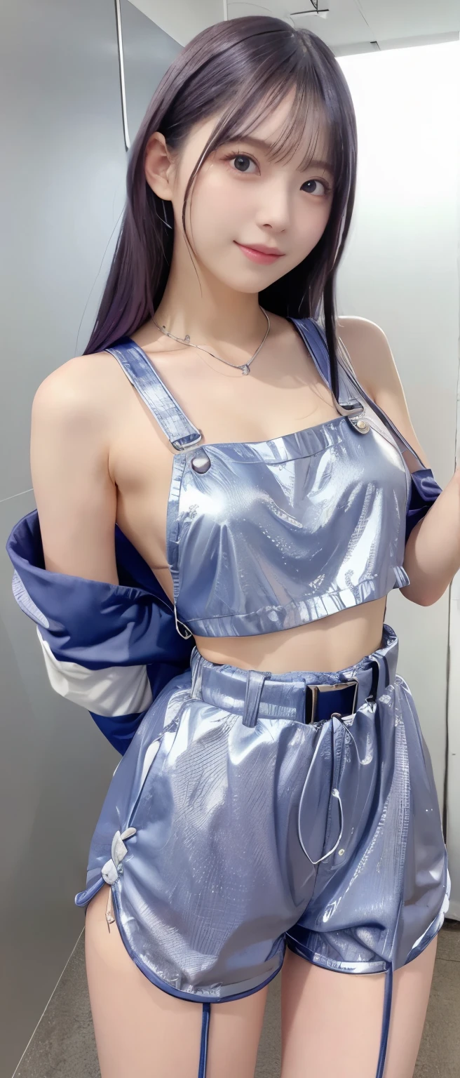 Gorgeous Cyber Idol Girl、、Shiny blue overall shorts、、、good style、whole body、、shiny belt、、silver hair、