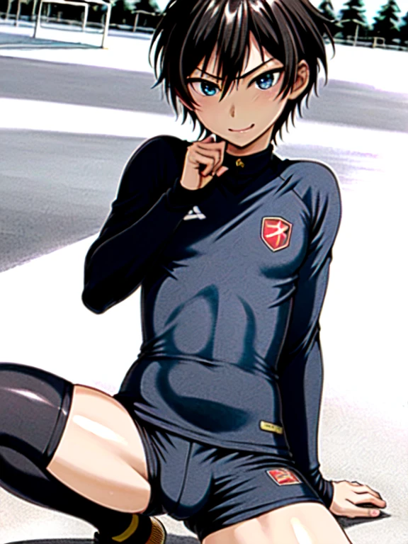(((official art,Super thin illustration,High resolution, muste piece, best quality,best quality,)))high quality, detailed, ( boy),12 yealo)))、 A young ace striker male idol with a super cute face,A boy as beautiful as Planding, Cool handsome face with a smile, soccer spike, long legs, thighs, Foots, No bulge, (blonde、short hair)、shiny hair, (Tight shiny random color soccer uniform suit), (tight and shiny soccer shorts), (soccer socks), grassy area, cool pose, (厚いthighs、Seducing a big ass into your crotch)、(((soccer field in the park)))、((Saucy、))、grinning grin、spread legs,ultra fine painting, (best quality, In 4K, 8K, High resolution, muste piece:1.2),service shot、((detailedな目:1.2))、showing off his big butt、proud butt、